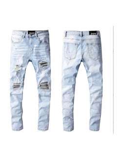 اشتري High Street Trend Light Blue Broken Hole Jeans with Men's Patches Embroidered Flower Patch for Slim Fit في الامارات