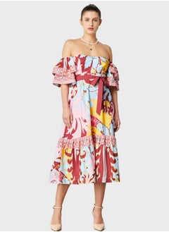 Buy Off-Shoulder Ruffle Belted Dress in UAE