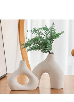 اشتري Ceramic Vase Set of 2 for Modern Home Decor, Round Matte Donut Vases for Pampas Grass, Vases for Living Room Wedding Dinner Table Party Office Bedroom (White) في السعودية