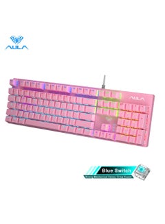 Buy 104 Keys Mechanical Keyboard USB Wired LED Backlight Suspension Keycap 26-Key Roll-Over Anti-Ghosting Blue Switch Gaming Keyboard for Gaming Typing Office, Pink in UAE