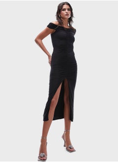 Buy Bardot Ruched Front Slit Dress in UAE