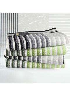 اشتري 4 Piece Bathroom Towel Set VISTA 420 GSM 100% Cotton Velour 4 Bath Towel 70x140 cm Green & Grey Color Modern Stripe Design Luxury Touch Extra Absorbent في الامارات