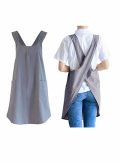 اشتري Soft Cotton Linen Apron Cross Back X-Shaped Japanese Style Pinafore Dress for Cooking, Housewarming, Daily Chores (Grey) في السعودية