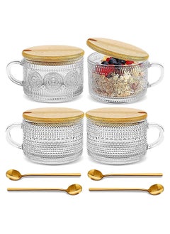 Buy 4pcs Set Vintage Coffee Mugs gifts for women, Overnight Oats Containers with Bamboo Lids and Spoons - 450ml Clear Embossed Glass Cups, Cute Coffee Bar Accessories, Iced Coffee Glasses, Breakfast Container for Salads Yogurt Cereal Milk in Saudi Arabia