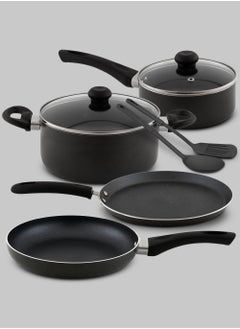 Buy 8 Pcs Nonstick Cookware Set with 10X Tougher Coating, Quick Heat Distribution, Hot Plate, Halogen, Ceramic & Gas Compatible – Includes 24cm Saucepan with Glass Lid, 24cm Frypan, 26cm Tawa Pan, 18cm Milk Pan, and 2 Nylon Turners in UAE