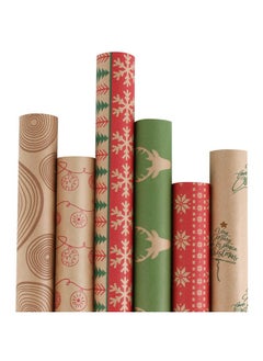 Buy Christmas Wrapping Paper - Brown Kraft Paper With Red And Green Pattern For -Christmas Elements Collection-6 Roll-30Inch X 10Feet Per Roll in Saudi Arabia