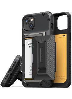 Buy Damda Glide Hybrid iPhone 15 PLUS Case Cover Wallet with Semi Automatic Credit Card Holder Slot [3-4 Cards] & Kickstand - Black Groove in UAE