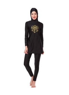 Buy Long Sleeve Hooded Neck Burkini Black/Gold in UAE