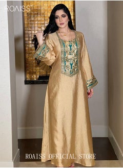 Buy Women Luxury Gold Embroidered Robe Maxi Dresses Stylish Abaya Square Collar Dress Middle East Arabic Banquet Wedding Party Dress Women's Festival Clothing Gold in UAE