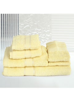 اشتري 6 Pcs ALEZAYA Dyed Towel set 500 GSM 100% Cotton Terry Viscose Border 1 Bath Towel 70x140 cm 1 Hand Towel 50x90 cm 1 Guest Towel 40x60 cm & 1 Baby Towel 30x50 cm & 2 Face Towel 33x33 cm Yellow Color في الامارات