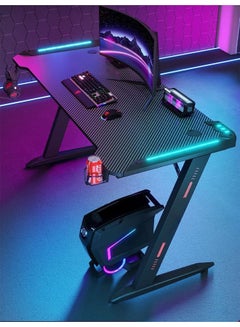 Buy Ergonomic Gaming Desk Table with RGB LED Lights with Carbon Fiber Desktop and Cup Holder Headphone Hook Black in UAE