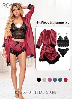 Buy 4 Pack Women's Nightwear Set Silk Satin Sleepwear Pajama Summer Home Wearing Clothes Suits Embroidered Breathable Ladies Lingerie Robe Nightdress Underwear Panties in UAE