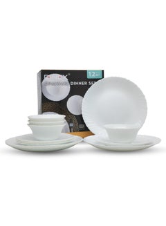 Buy Dinex Opal Ware Dinner Set 12 Pcs White, 10 Inch Dinner plate x 4, 7.5" Dessert plate x 4 ,  5" Bowl x 4 in Saudi Arabia