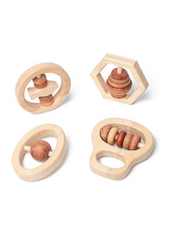 اشتري SYOSI, 4Pcs Montessori Wooden Rattle Toy Set, Handbell Toys for Baby 0 6 12 Months Early Education Natural Wood Puzzle Color Shaker Bell Set في السعودية