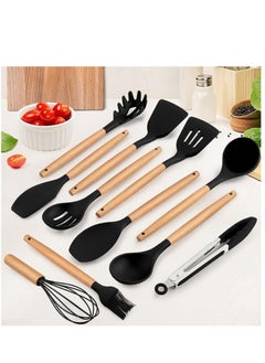 اشتري Silicone Cookware Set with Wooden Handle Perfect for Non-Stick Cookware Heat ResistantBlack في مصر