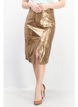 Buy Women Side Slit Leather Midi Skirt, Gold in UAE