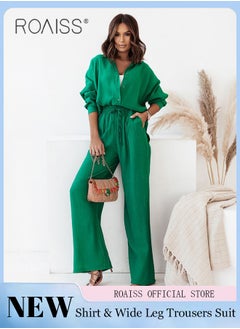 Buy Ladies Comfortable Cotton Linen 2 Piece Suit for Daily Commute - Shirt and Wide Leg Pants Set with Simple Loose Fit Design for Leisure in UAE