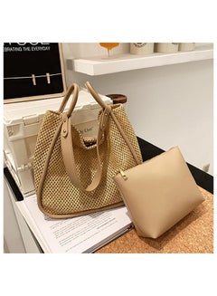 اشتري Women'S Color Contrast Straw Woven Bag Large Capacity Handbag Tote Personalized Commuter Bag Summer Beach Shoulder Bag في السعودية