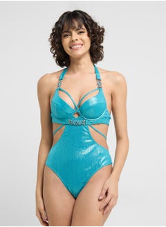 Buy Halter Neck Embellished Belted Swimsuit in UAE