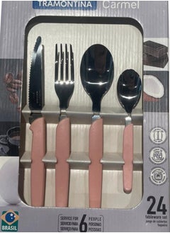 Buy Made Brazil Carmel 24 Pieces Stainless Steel Flatware Set with Pink Polypropylene Handles in UAE