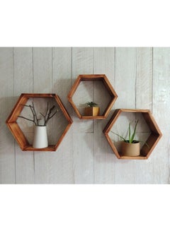 Buy Hexagon Wall Mounted Hanging Shelves, Wooden 3 Piece Hanging Shelf Brown in Saudi Arabia