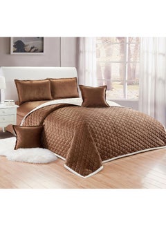 Buy 6 Pieces Dual Color Comforter Set For All Season King Size 220x240 Cm Velvet Bedding Set Geometric Cloud Stitched Design Brown/White in Saudi Arabia
