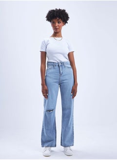 Buy High-Waist Light Wash Degrade Ripped Wide Leg Jeans. in Saudi Arabia