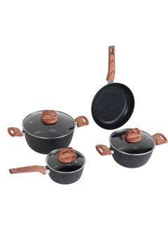 Buy Granite Coated Cookware, Pots and Pans Set with Non-Stick Surfaces, Wooden Handles and Tempered Glass Lids, 7 Pieces - Black in Saudi Arabia