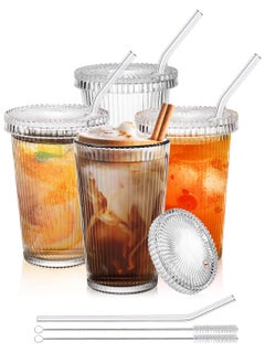 اشتري 4 PCS Clear Glass Tumbler Stripe Glass Cup,12.7oz Coffee Cup With Lid and Straw Drinking Glasses for Iced Coffee ,Milk, Mocha,Tea,Juice, Water, Gift- with 2 Cleaning Brushe في الامارات