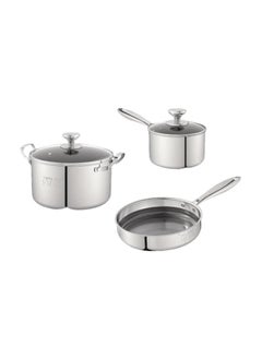 Buy Stainless Steel Cookware Set 3 Pieces Silver DURABLE DESIGN Made of triple layer stainless steel with aluminum core for even heat distribution and corrosion resistance in Saudi Arabia