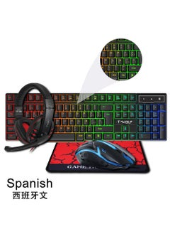 Buy Lei Lang T-WOLF game four-piece TF800 luminous mouse keyboard headset mouse pad suit cross-border TF800 four-piece set (Spanish) in Saudi Arabia