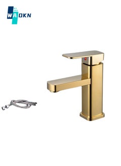 Buy Gold Bathroom Faucets, Modern Single Hole Bathroom Faucet Waterfall Spout Bathroom Faucet Brushed Gold Bathroom Sink Faucet with Drain Assembly and Lead-Free Hose in UAE