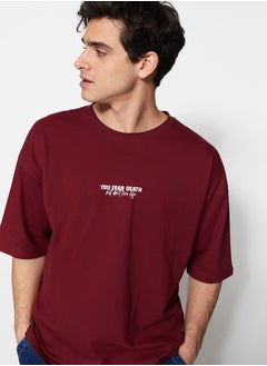 Buy Claret Red Oversize/Wide Cut 100% Cotton Minimal Text Printed T-Shirt TMNSS23TS00099 in Egypt