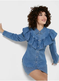 Buy Ruffle Detail Denim Shirt in Saudi Arabia