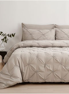 Buy King size comforter set, 6 piece fitted bedding set pintuck pleated, beige color. in UAE