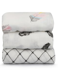 Buy 3 Packs Baby Swaddle Blanket New Born Baby Clothes Large Premium Knit Baby Burp Cloth Muslin Baby Blankets for Girls and Boys(Colorful Feather/Small White Lattice/Black Feather) in UAE