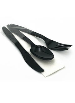 اشتري 30 Disposable 17.5 cm Heavy Duty Black Plastic Cutlery Set Tissue, Spoon, Fork and Knife في الامارات