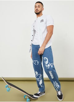 Buy Distressed Detail Graffiti Baggy Fit Jeans in Saudi Arabia