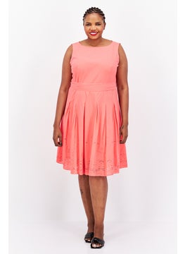 Buy Women Plus Size Embroidered Tie Waist Midi Dress, Fuschia in UAE