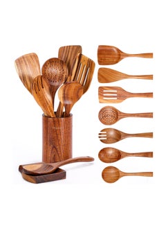 Buy 9 Piece Natural Teak Wooden Kitchen Utensil Set with Spoon Rest - Comfort Grip Cooking Spoons and Utensils Holder in Saudi Arabia