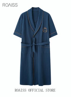 اشتري Men's Cotton Nightgown with Waist Belt Short-Sleeved Bathrobes Soft Loose Breathable Robe Loungewear Male Shawl Collar Sleepwear Spring Summer Home Clothes Dark Blue في السعودية