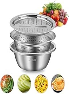 اشتري Jeslon 10 Inch Stainless Steel Drain Basket Vegetable Cutter, 3 in 1 Kitchen Multipurpose Julienne Grater - Salad Maker Bowl في مصر