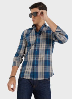 Buy Men Teal Blue Grey Slim Fit Checked Sustainable Casual Pure Cotton Shirt in Saudi Arabia