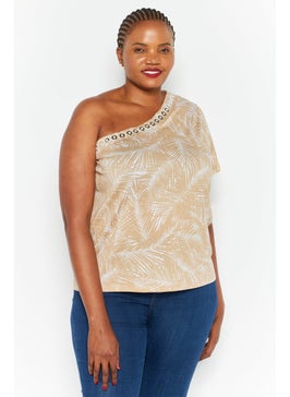 Buy Women Plus Size Asymmetrical Neckline One Shoulder Sleeve All Over Print Blouse, Khaki/White in UAE