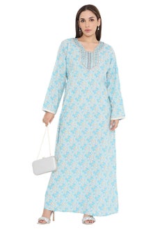 Buy UNIQUE NECK THREAD EMBROIDERED LONG FLORAL PRINTED VISCOSE ARABIC KAFTAN JALABIYA DRESS in Saudi Arabia