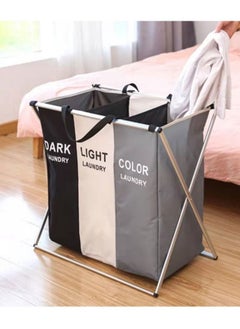 Buy 3-Section Laundry Basket Foldable Laundry Storage Basket Home Dirty Clothes Organizer Waterproof Black/White/Grey 40x66x60cm in Saudi Arabia