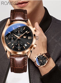 Buy Men's Leather Strap Chronograph Quartz Watch Round Black Dial with Rose Gold Bezel Waterproof Luminous Wristwatch as Gift for Men in UAE