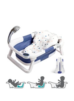 Buy Baby Folding Bathtub, Portable Collapsible Toddler Bath Tub With Baby Cushion Temperature Sensor Drain Hole and Bath for Newborn/Infant/Toddler, Sitting Lying Large Safe Bathtub Blue in UAE