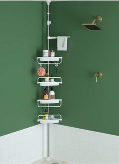 Buy 4 Tier Shower Caddy Tension Pole Bathroom Corner Shelf Adjustable Storage Rack Bathtub Telescopic Shampoo Soap Organiser with Towel Bar, white in Egypt