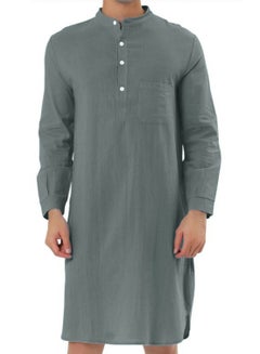 Buy Men's Muslim Stand Collar Robe Thobe Solid Color Long Sleeve Kaftan Casual Shirt Grey in UAE